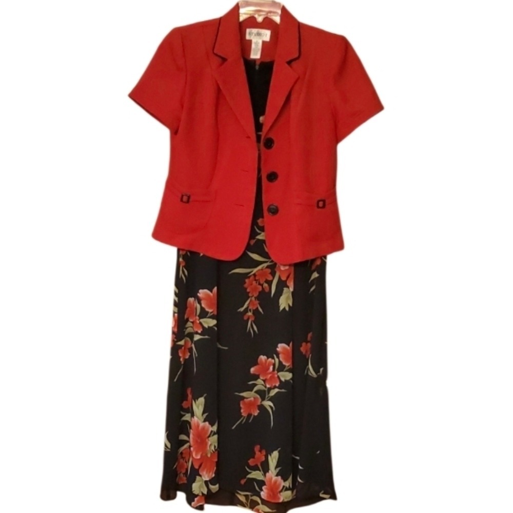 Studio I Red &‎ Black Floral 2 Piece Dress Set Jacket & Sleeveless Dress Size 8